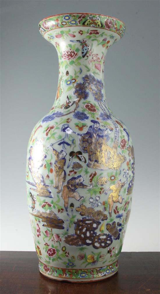 A large Chinese Canton-decorated celadon ground baluster vase, Daoguang period (1821-50), 58.5cm